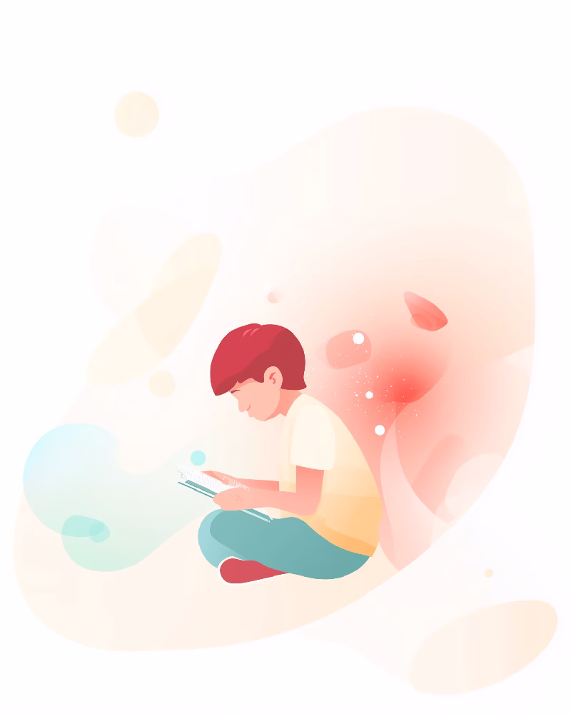 illustration of a Child sitting with soft coloured lights, focusing on reading a book